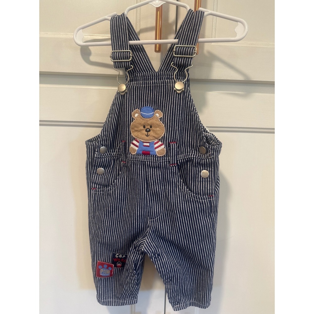 Buster Brown Kids Hickory Stripe Teddy Bear Overalls Blue White 3/6M Vintage